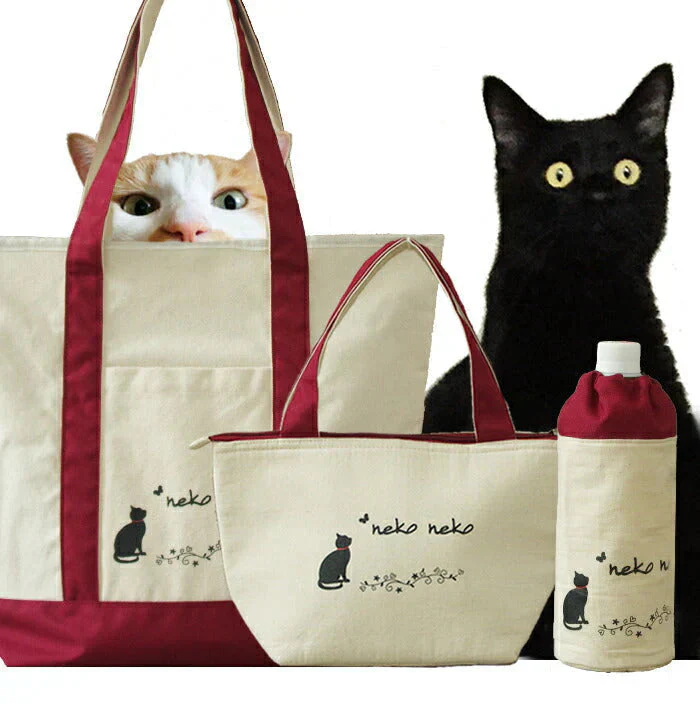 ねこねこ帆布 お弁当トートバッグ◆ トートバッグ キャンバス お弁当 ランチ ピクニック 贈り物 プレゼント ギフト 通勤 通学 買い物 お出かけ お散歩 レジャー 厚手 保冷 かわいい ネコ 猫 黒猫 アウトドア 猫の日 GW