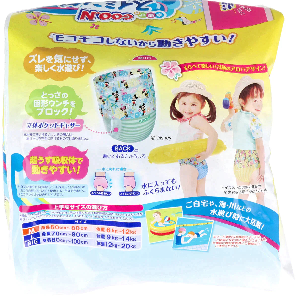 使い捨てスイミングパンツ エリエール グーン 水遊び用 ディズニーアロハデザイン 男女共用 Mサイズ 12枚入り X4パック