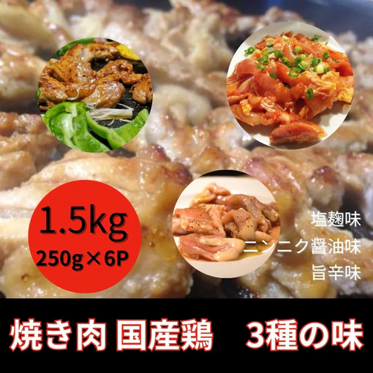 焼き肉 / BBQ用 3種の国産鶏もも肉 1.5kg（塩麹味・旨辛味・にんにく醤油）