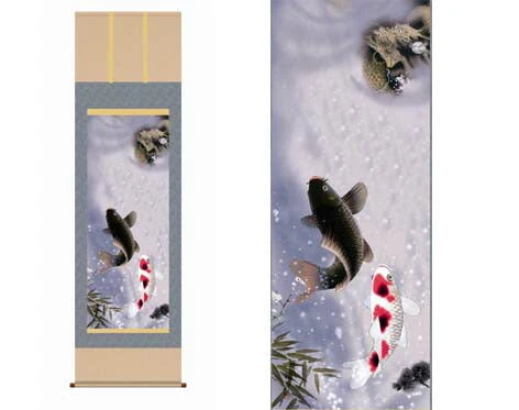 開運掛軸 【夫婦昇鯉登龍門】戸田雲草筆 [ 収納箱 10年保証 品質保証付き 31×89cm 昇鯉 開運 開運掛軸 夫婦円満 健康 長寿 受注生産 床の間 和風 掛け軸 日本製 名画 縁起物 プレゼント 画寸 送料無料 ]