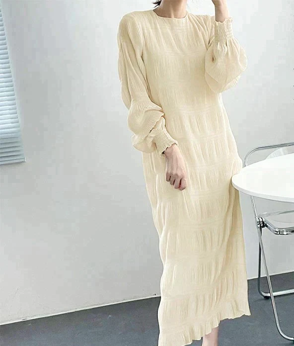 シャーリングシフォンワンピース（アイボリー/長袖/Lサイズ）