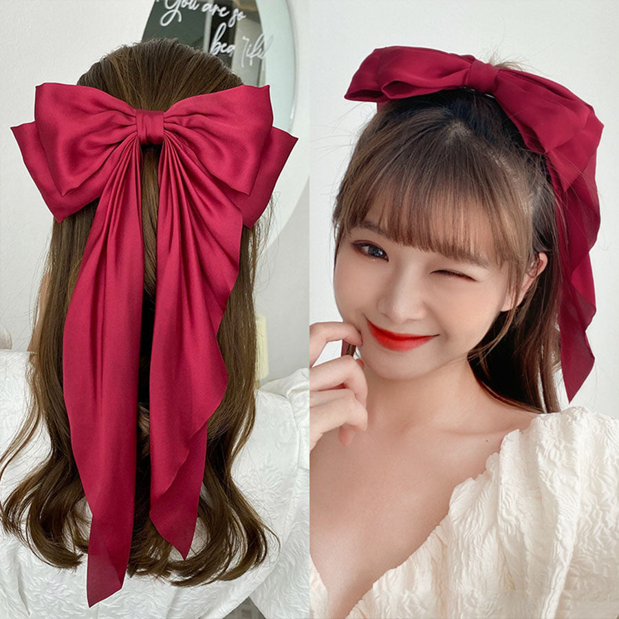 (イエロー)*(ワンサイズ)リボンバレッタ 大きい リボンヘアアクセサリー ヘアクリップ  ダブル 清楚 ガーリー エレガント ヘアピン ビックリボン