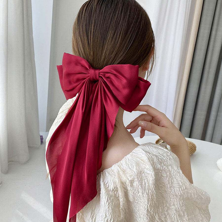 (スイカレッド)*(ワンサイズ)リボンバレッタ 大きい リボンヘアアクセサリー ヘアクリップ  ダブル 清楚 ガーリー エレガント ヘアピン ビックリボン