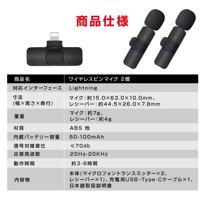 ワイヤレスマイク 2個 1to2 ピンマイク Lightning iPhone 対応 設定不要 スマホ 同時充電可能 クリップ式 360°集音 ノイズ軽減 動画 配信 会議 Vlog 撮影 実況