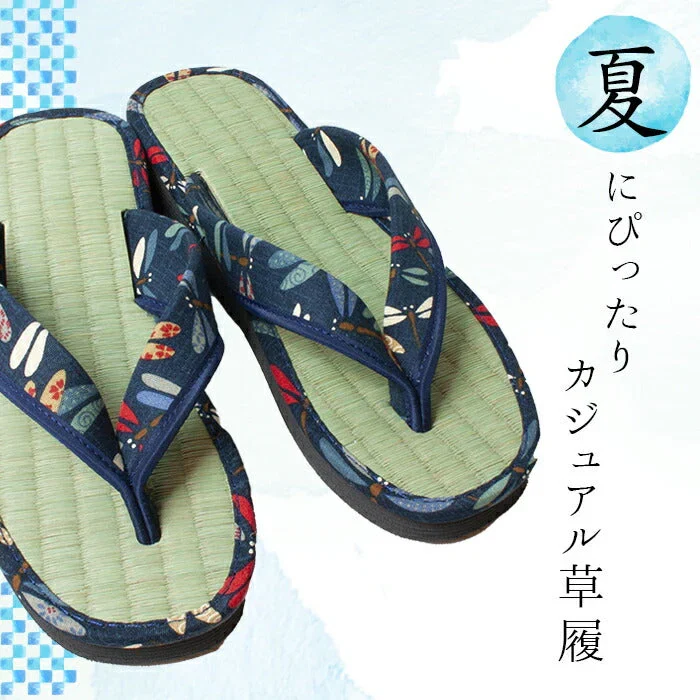 【くつろぎネコ　Mサイズ】草履 レディース 痛くない 安い 草履サンダル い草 M/L ネイビー 藍染め 和柄 たたみ草履