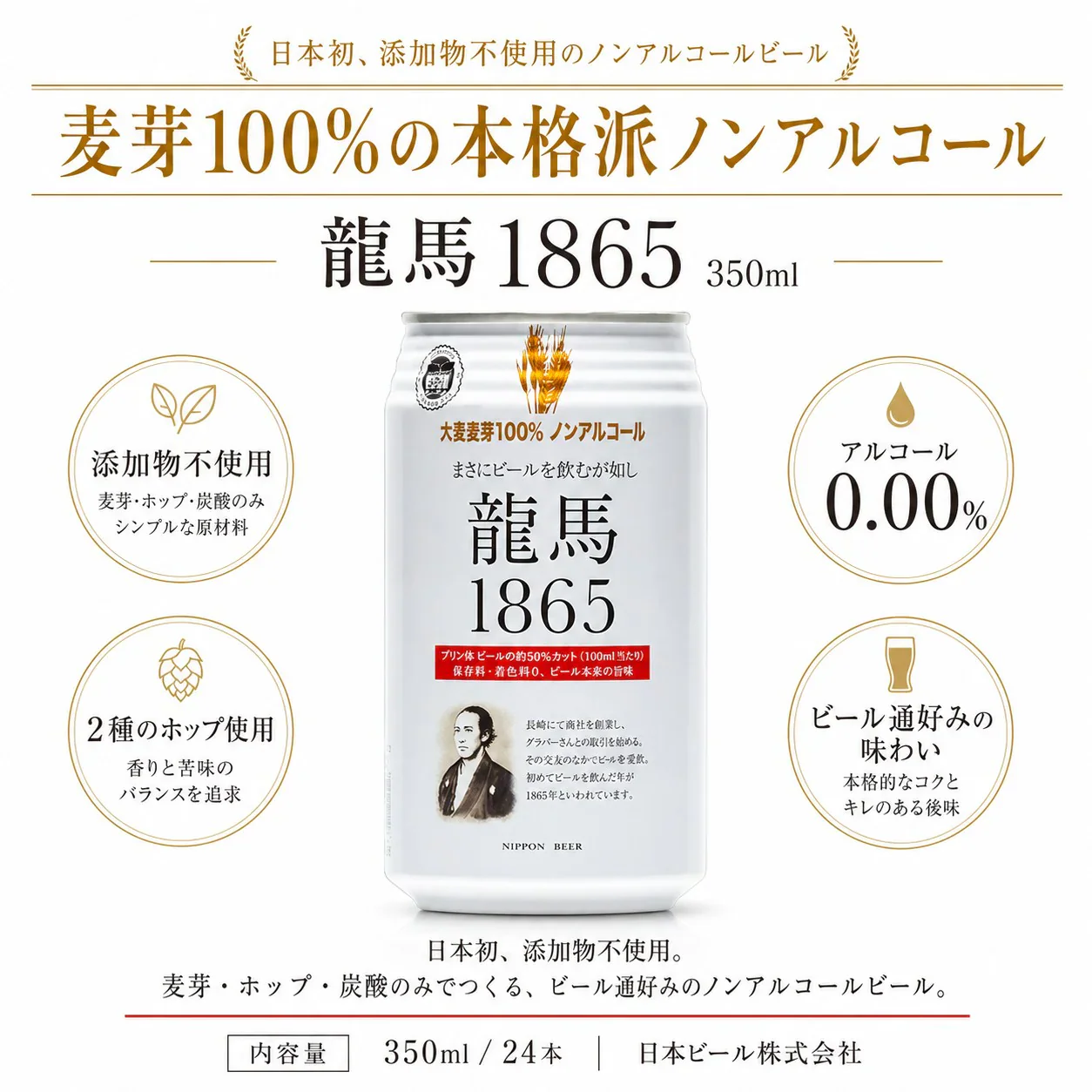【1ケース】 日本ビール龍馬  1865(ノンアルコールビール)350ml 24本