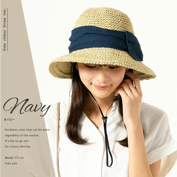 【フリー-ネイビー】【商品名：紐付き手編みストローHAT】