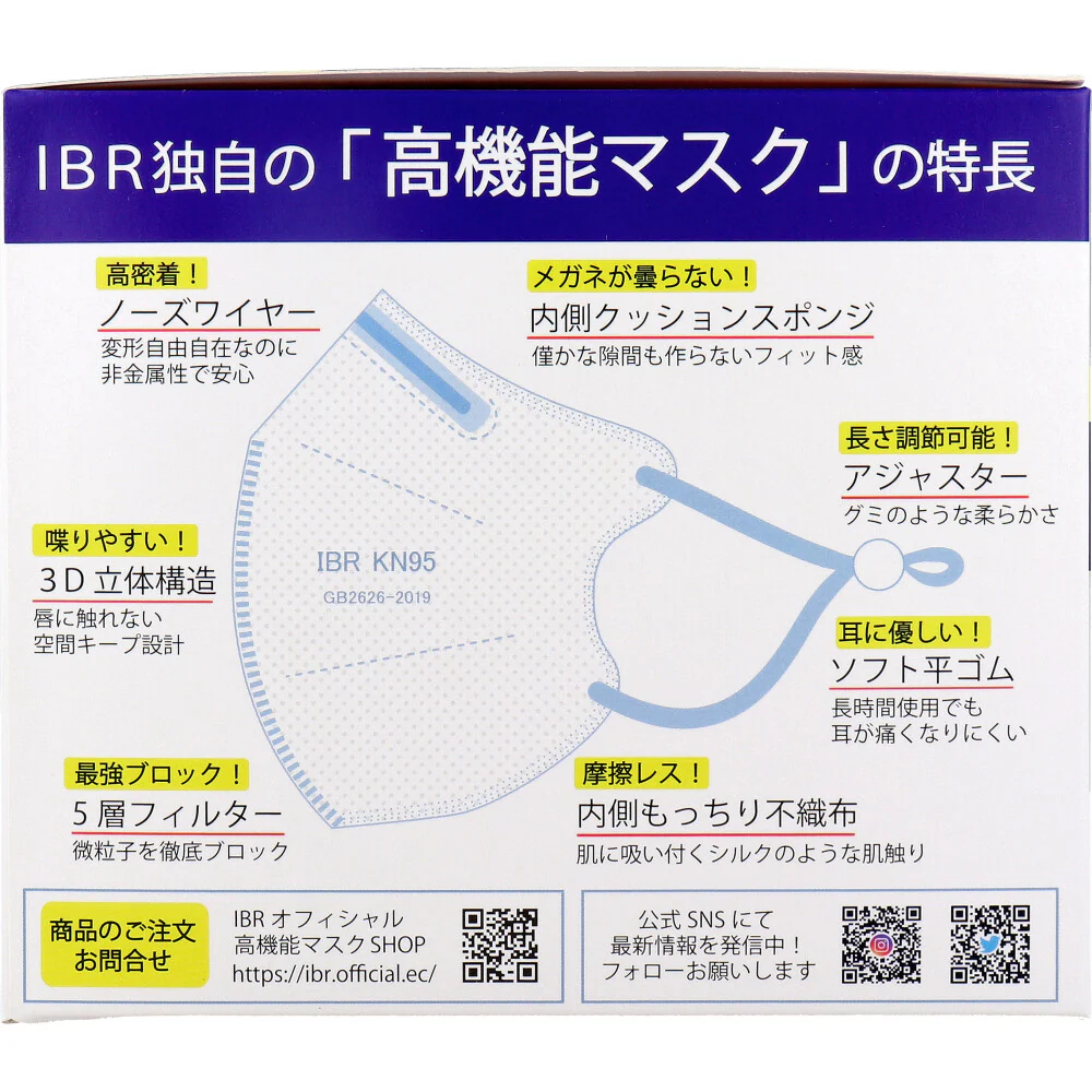 KN95 立体構造高機能マスク 5層不織布 ホワイト レギュラーサイズ 個別包装 20枚入り X3箱