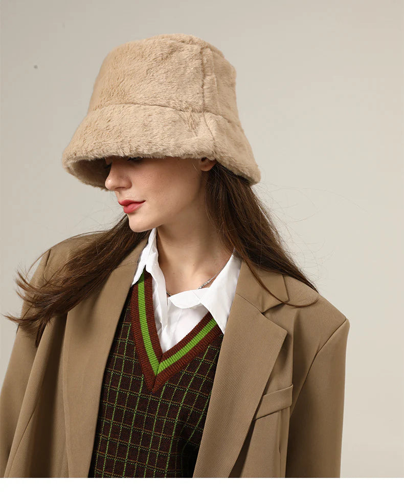 (ブラウン) 帽子 レディース ファー 秋 冬 深め バケットハット ハット 折たたみ もこもこ 暖かい 厚手 ファーハット 2024 サイズ調整 無地 女性