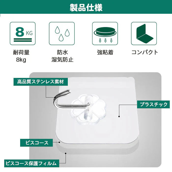 【予約商品・発送時期は商品説明に記載】フック 壁 粘着 粘着フック フックシール 10個入り 超強力 透明 タイプ シール 耐荷重 8kg はがせる 穴開けない 賃貸 繰り返し使える 収納 キッチン 浴室 玄関 インテリア 便利 10個 セット 送料無料 ギフト プレゼント