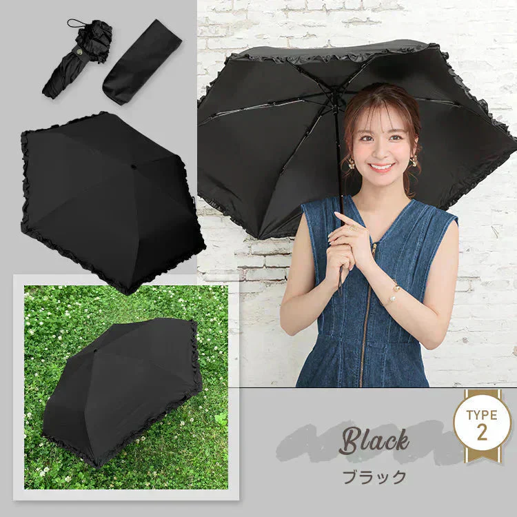 日傘 「タイプ2・ライトピンク」 軽量 折り畳み 晴雨兼用 遮光100% 完全遮光 UVカット 折りたたみ傘 フリル 日差し 紫外線 日焼け防止 レディース 内側黒 梅雨 熱中症