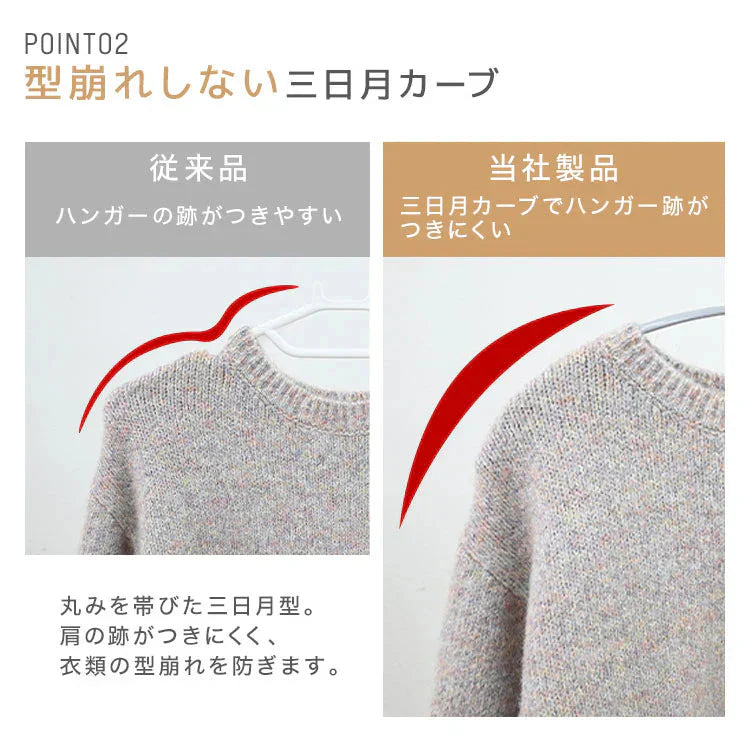 【クリーム】【30本セット】すべらないハンガー 落ちない 滑り止め PVCコーティング 防水 型崩れ防止 肩 跡がつかない アーチ型 ニット カーディガン スリムハンガー 三日月 乾湿両用