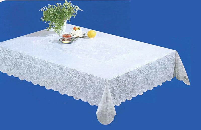 テーブルクロス 食卓カバー 132×177cm 塩化ビニール 撥水 汚れ防止 レース 花柄 バラ おしゃれ ホワイト