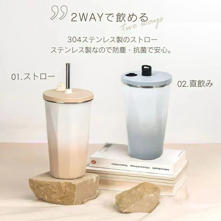 タンブラー 「グラデーション・グレー」 蓋付き ストロー付き 水筒 600ml 大容量 保温 保冷 こぼれない コーヒーボトル マグボトル ステンレス 真空断熱 持ち運び sg221-gdhu