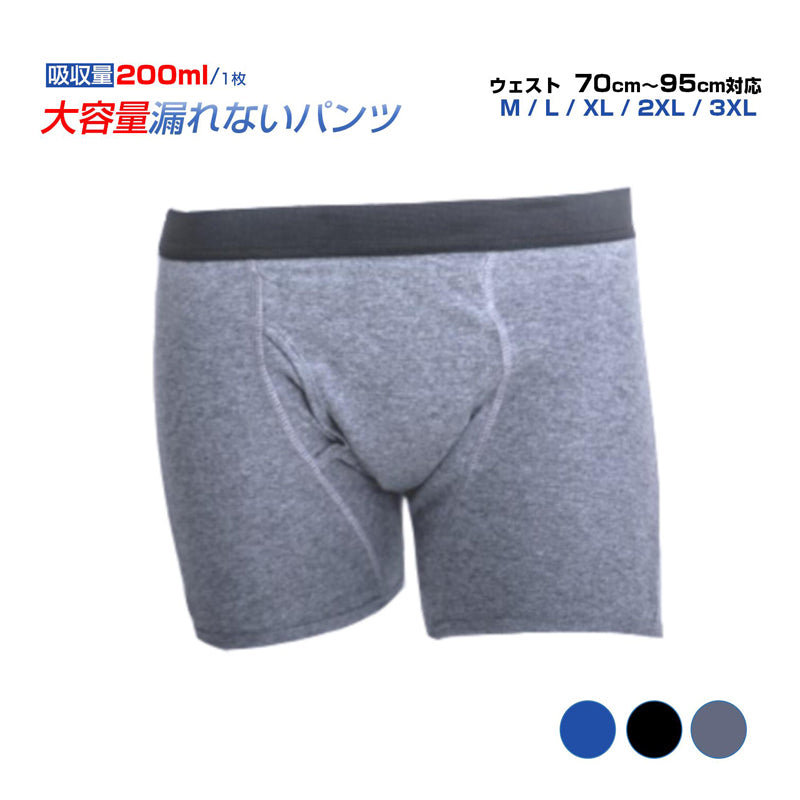 失禁パンツ ネイビーM1枚 男 メンズ 尿漏れ パンツ 漏れない 介護 ボクサー トランクス ショーツ 高齢者 シニア 中失禁 重失禁 200cc 大容量 吸収 コットン 綿 通気性