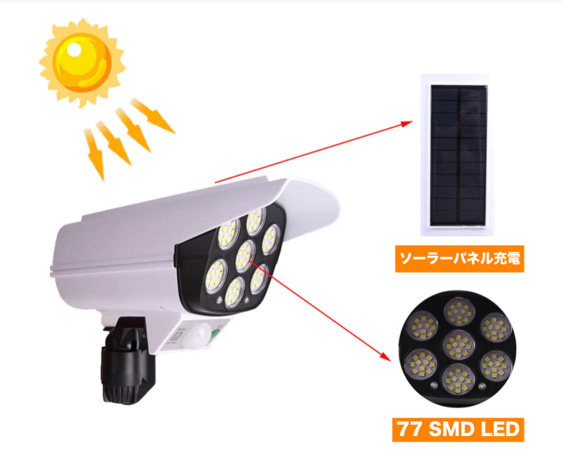 防犯カメラ型LEDセンサーソーラーライト 電源不要 配線不要 防水?防塵 屋外 太陽光充電 角度調節可能 壁掛け 庭先 玄関（w001）
