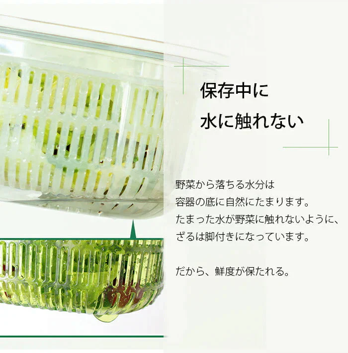 【グリーン スリム】ザル付き保存容器 ベジマジシリーズ あらう 野菜保存容器 冷蔵庫 水切り 洗う ザル ボウル セット 蓋付き おしゃれ