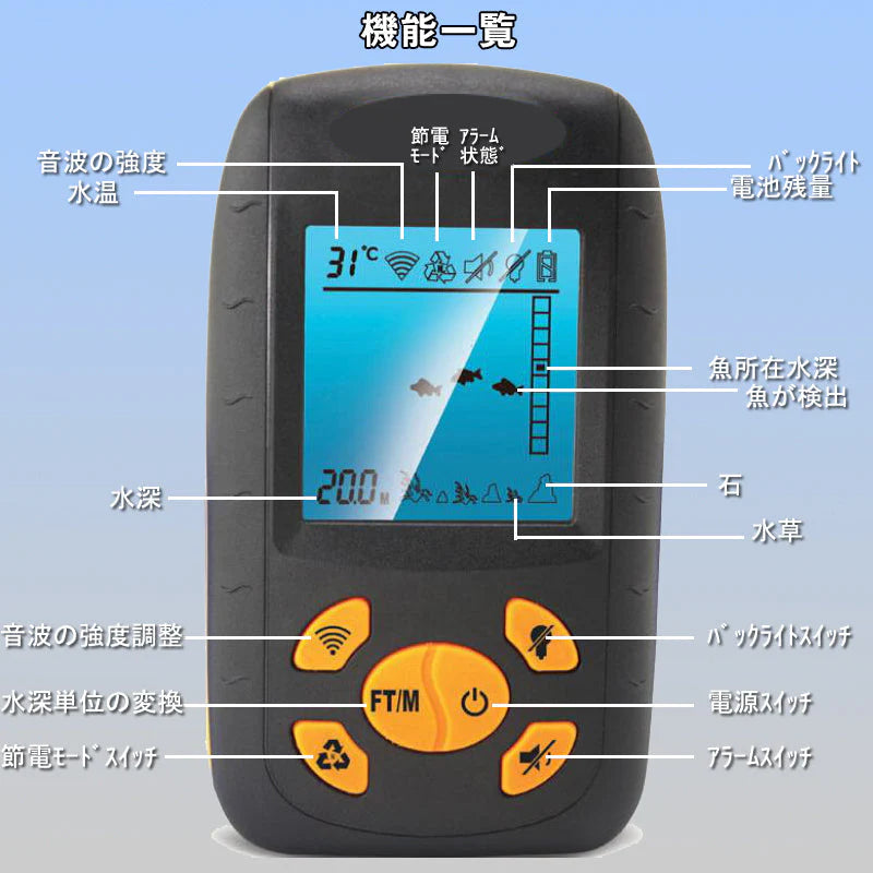 音波 魚群探知機 xf 水温計付 ポータブル携帯型 魚探黒色 100m fishfider 川釣り 海釣り アウトドア ソナー ワカサギ釣り バス釣り フィッシュファインダー