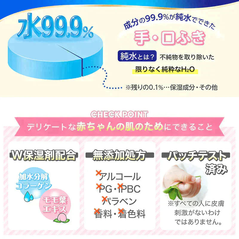純水99.9％ ベビー用 手口ふき 80枚×15個 (1,200枚)【限りなく水に近く肌にやさしい】日本製