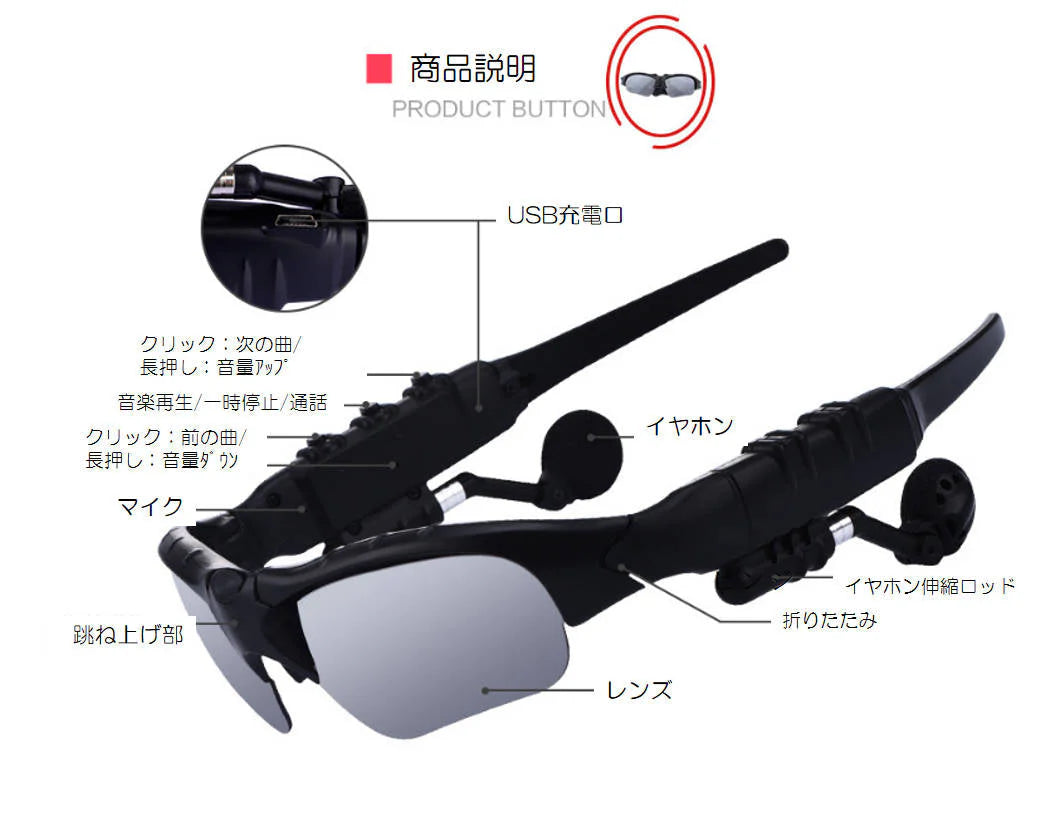 サングラス 偏光グラス ワイヤレスイヤホン付き ブルートゥース 釣り 運転 スポーツ サイクリング UVカット 通話 音楽 マイク ヘッドホン 収納ケース付き