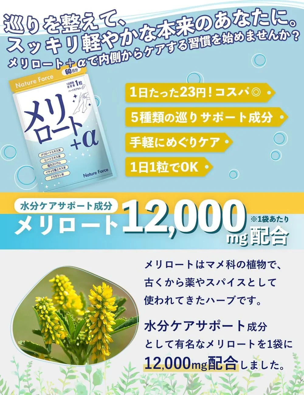 メリロート+α 60日分 1袋 メリロート12,000mg配合 ヒハツ カリウム ネイチャーフォース