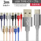 【3ｍ】【シルバー】充電ケーブル type-c 1m 1.5m 2m 3m 0.25m 0.5m タイプC Type-C USB 充電コード 充電器 高速充電 android アンドロイド データ転送 iPhone 15 / iPad Pro / Xperia XZs / Xperia XZ / Xperia X compact / Nexus 6P / Nexus 5X 等