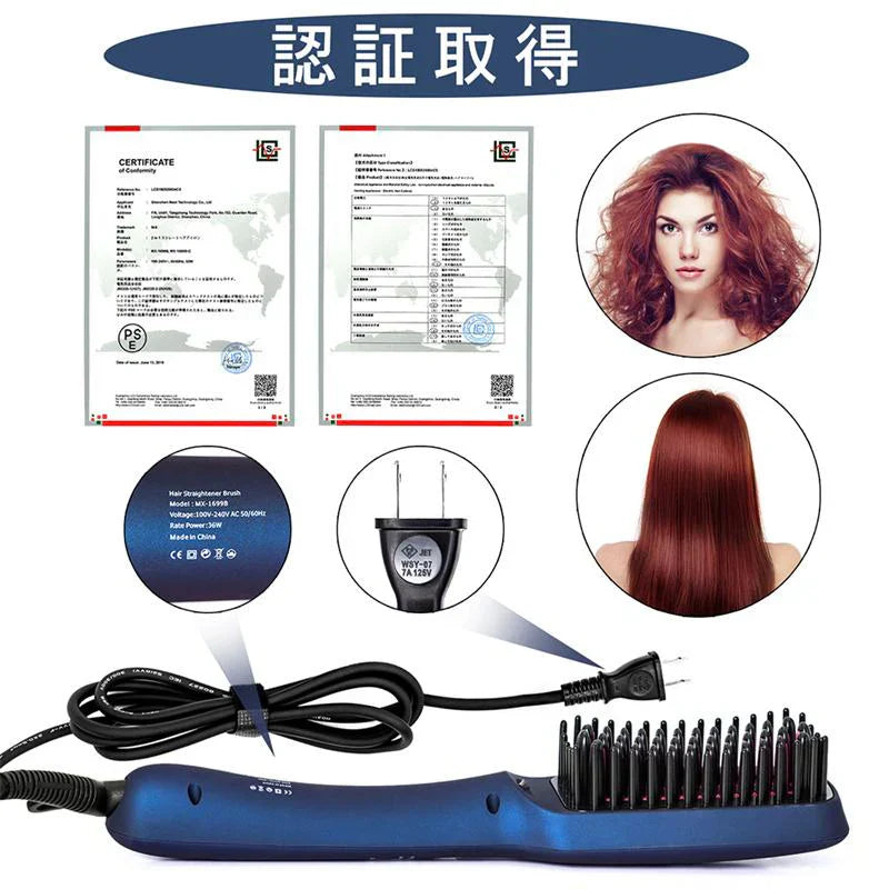 ヘアアイロン ストレートブラシ マイナスイオン ヘアケア 2タイプ選択可能 火傷防止 コンパクト 持ち運び ケース付き 温度調整 レディース メンズ w070A(ネイビー)