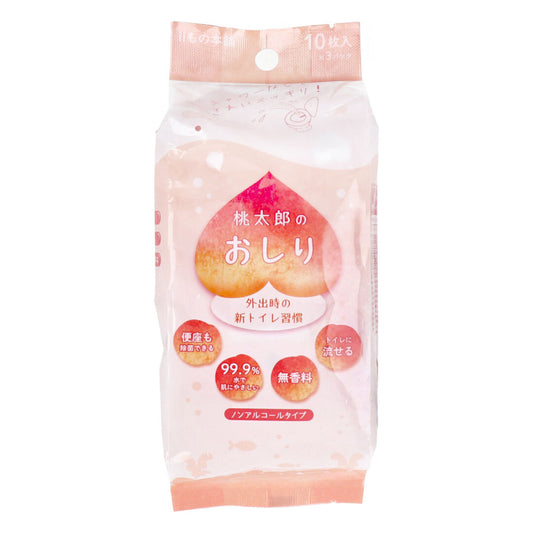 iiもの本舗 桃太郎のおしり トイレに流せる除菌ウェットティシュ ノンアルコールタイプ 無香料 10枚 3個入り X16パック