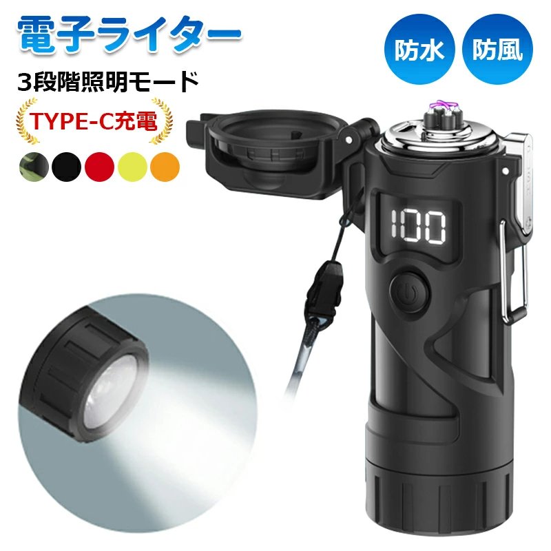電子ライター Type-C充電式 防塵 防水 防風 無炎 懐中電灯機能 3段階照明モード 小型 軽量 無火炎 LED電量表示 アウトドア 登山 キャンプ 防災 プレゼント w666C(グリーン)