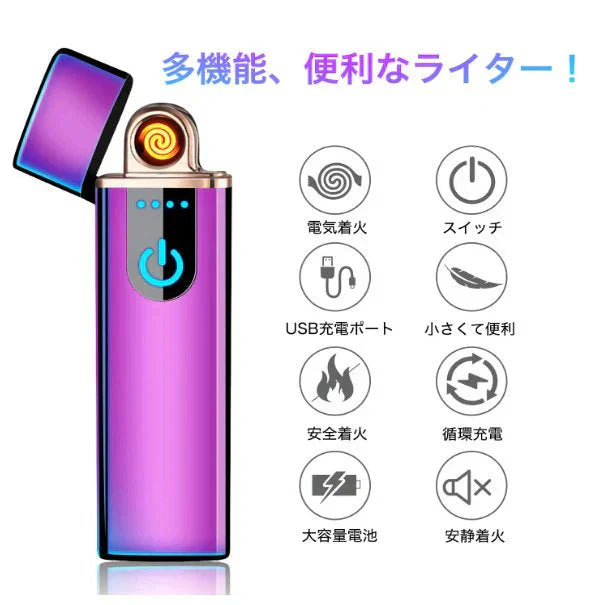 シルバー電子ライター USB充電式 プラズマ 電気 usb ライター 小型 充電式 ガス?オイル不要 防風 軽量 薄型 プレゼント w107C（タイプC）シルバー