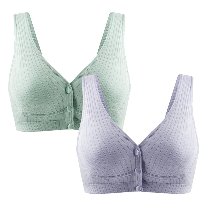 2枚セット グリーン グレー Lサイズ ブラジャー 授乳ブラ ベスト型 哺乳用 インナー 前開き ノンワイヤー ナイトブラ コットン 妊娠 出産 下着 肌着 育児 マタニティ 通気 ボタン 綿