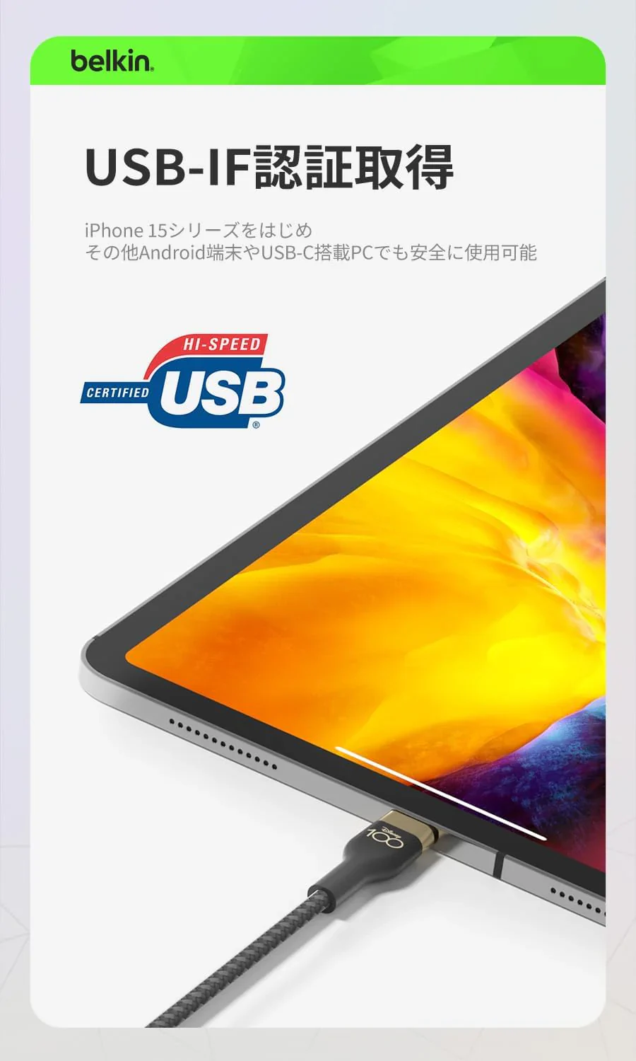 【ディズニー 限定モデル 創立100周年 】 Belkin USB-C 編組シリコン 2m ケーブル iPhone 15 MacBook iPad Galaxy Android スマートフォン 急速充電 超高耐