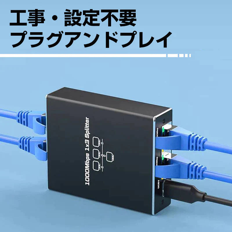 LAN分岐器 3ポート 1Gbps ギガ LANポート増設 拡張 アダプター RJ45 ラン中継コネクタ lanハブ ルーター ネットワークスプリッタアダプタ CAT5 CAT6 CAT7