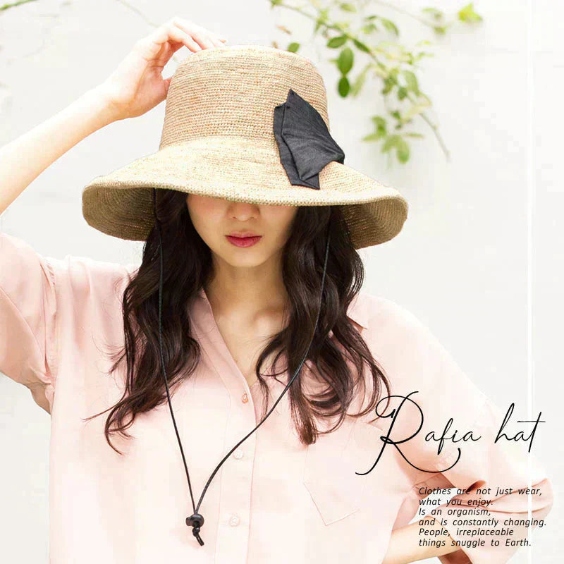 【フリー57.5-59.5cm-ナチュラルブルー】【商品名：紐付きリボンラフィアハット】