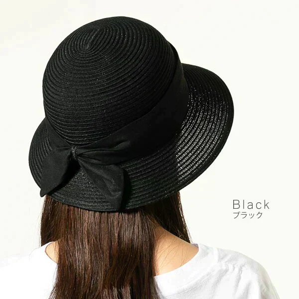 【フリー56-58.5cm-ブラック】【バケットストローハット】