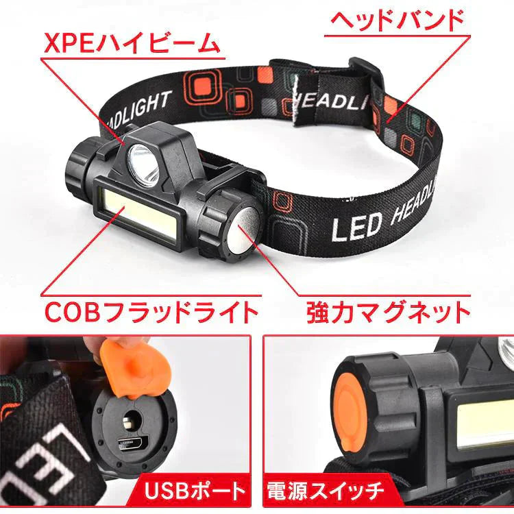 ヘッドライト 2個セット LED 軽量 USB 充電式 高輝度 ヘッドランプ IPX5 COB 防水 懐中電灯 照射 照明 釣り 登山 アウトドア キャンプ 作業灯 作業ライト 夜間 散歩 od578【防災グッズがお得】