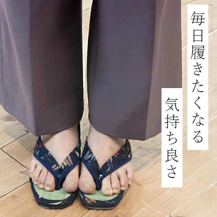 【くつろぎネコ　Mサイズ】草履 レディース 痛くない 安い 草履サンダル い草 M/L ネイビー 藍染め 和柄 たたみ草履