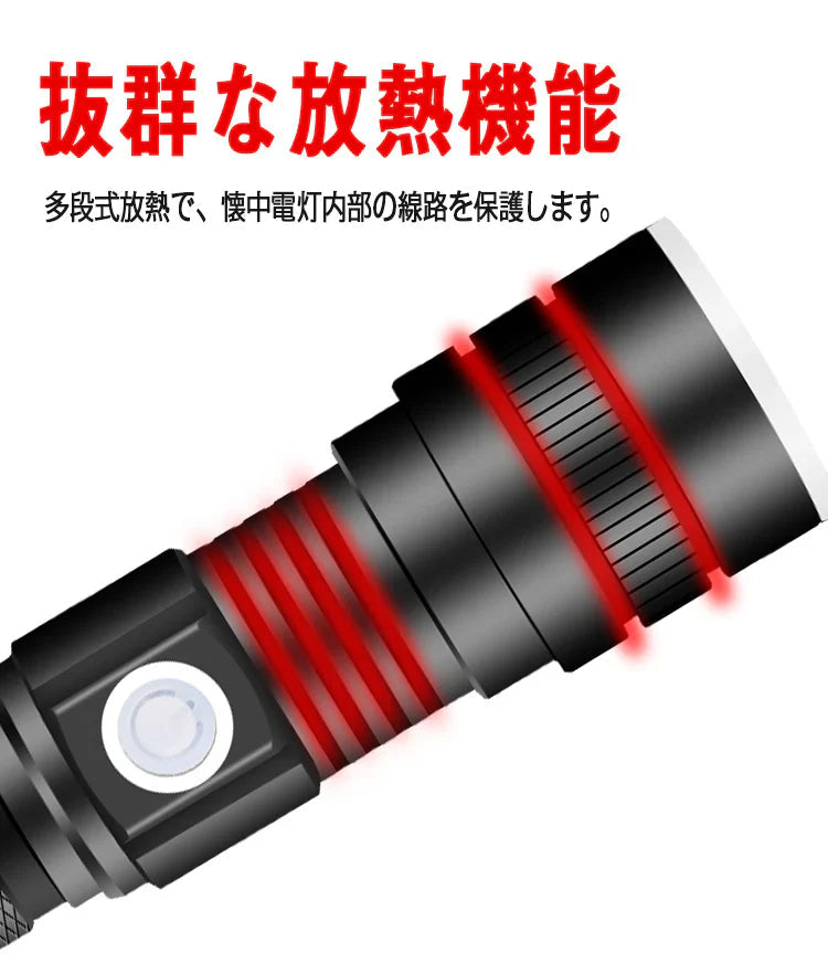 LEDライト 懐中電灯 ハンディライト ズーム機能 フラッシュライト 充電式 超強力 多モード 小型 軍用 作業灯 充電池付き 停電 防水 防災対策 最新仕様！ 爆光 強力 超強 防災グッズ 強力 防水 コンパクト アウトドア セール(w025)