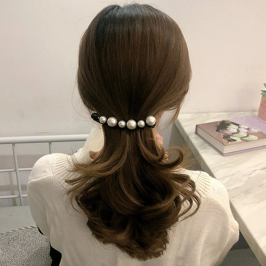 (ブラック)バナナクリップ ヘアクリップ 大きめ パール ヘアアクセサリー 髪留め 結婚式 パーティ シンプル 大人かわいい