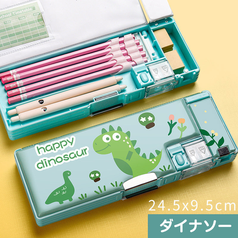 小学生筆箱 ダイナソー 両面開き 箱型 ペンケース ふでばこ 可愛い マグネット式 ソフト 小学校 入学祝い 入学準備 イラスト おしゃれ 色選べる 人気 流行り 女の子 男の子