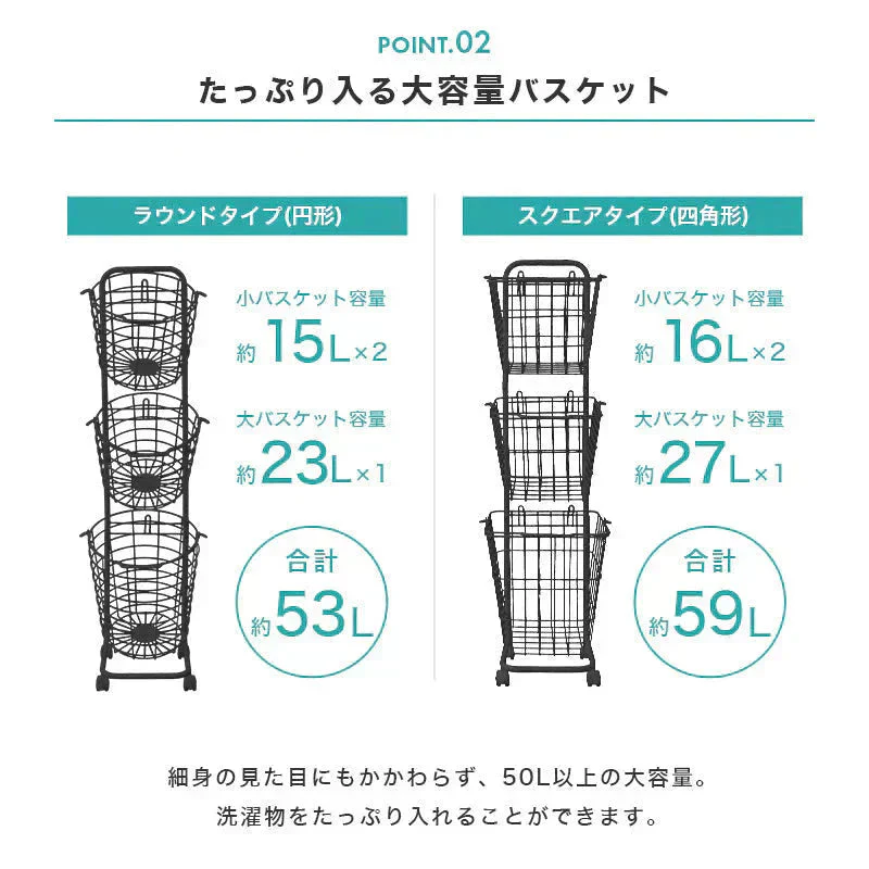 【ブラック】【スクエア型】【3段】ランドリーバスケット スリム 3段 キャスター 大容量 53L ランドリーラック ランドリーワゴン ランドリー収納 洗濯かご ワイヤーバスケット おしゃれ 洗濯物入れ かご 脱衣かご ランドリーボックス 収納 北欧 一人暮らし 新生活