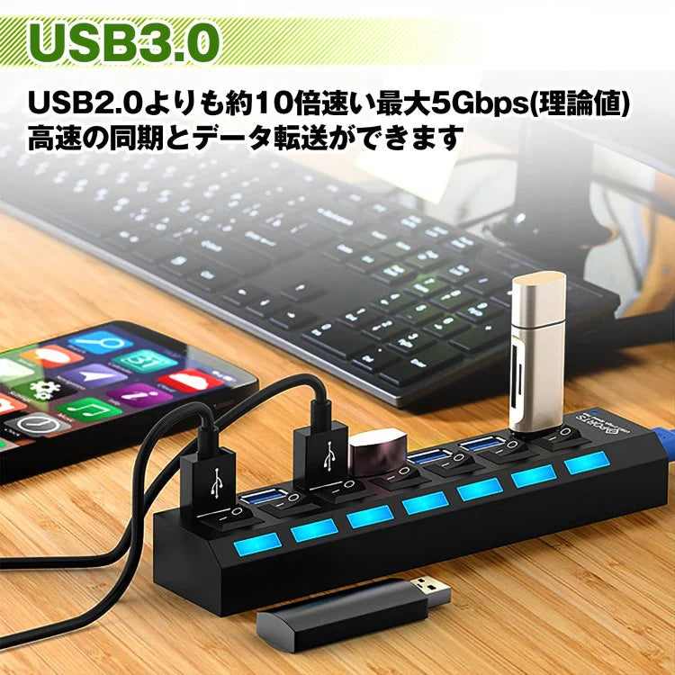 7ポートUSB3.0 ハブ 「ホワイト」 スイッチ付 高速 USB ケーブル 充電器 変換 パソコン 省エネ オン オフ スイッチ付 PC パソコン リモートワーク mb111-wh
