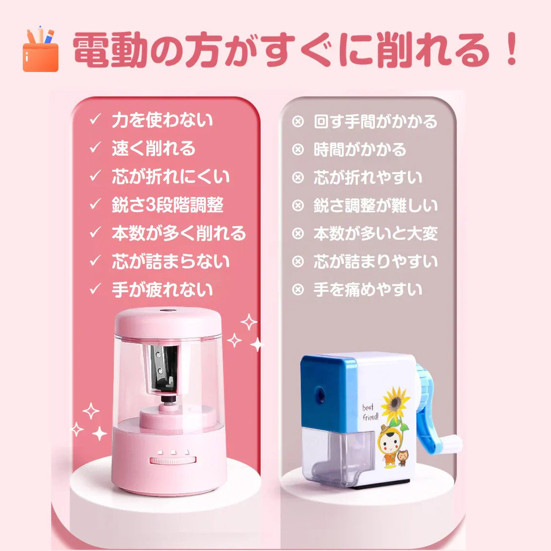 電動鉛筆削り ブルー おすすめ ミニ 鉛筆削り 子供 かわいい 人気 電池 USB給電 小学生 文房具 えんぴつ 太さ調整 簡単 安全ロック 入学祝い 誕生日 キッズ プレゼント