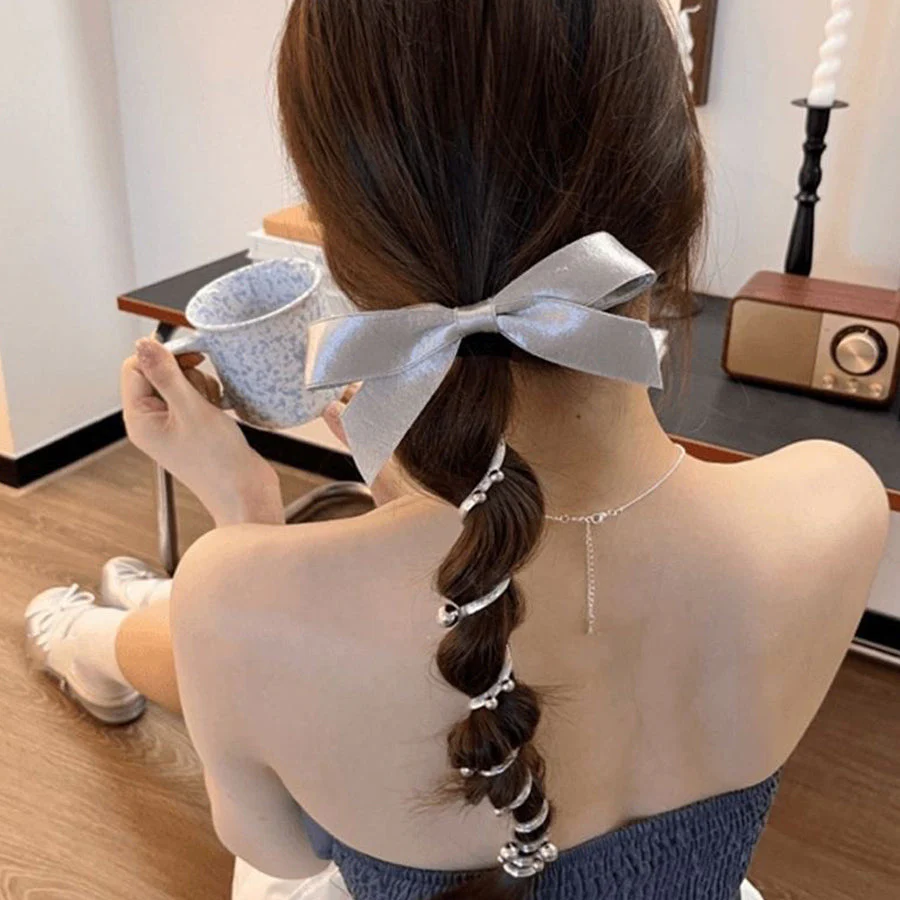 (シルバー*L)プリングヘアゴム リボンヘアゴム くるくる ヘアアクセサリー オシャレ 髪飾り コイルポニー ワイヤーポニー まとめ髪 プチプラ