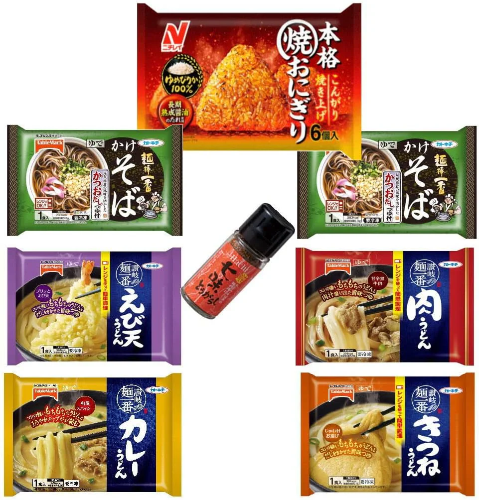 【新発売】 冷凍食品 テーブルマーク 肉うどん きつねうどん カレーうどん 海老天うどん かけそば 焼きおにぎり 7袋セット 七味唐辛子付き
