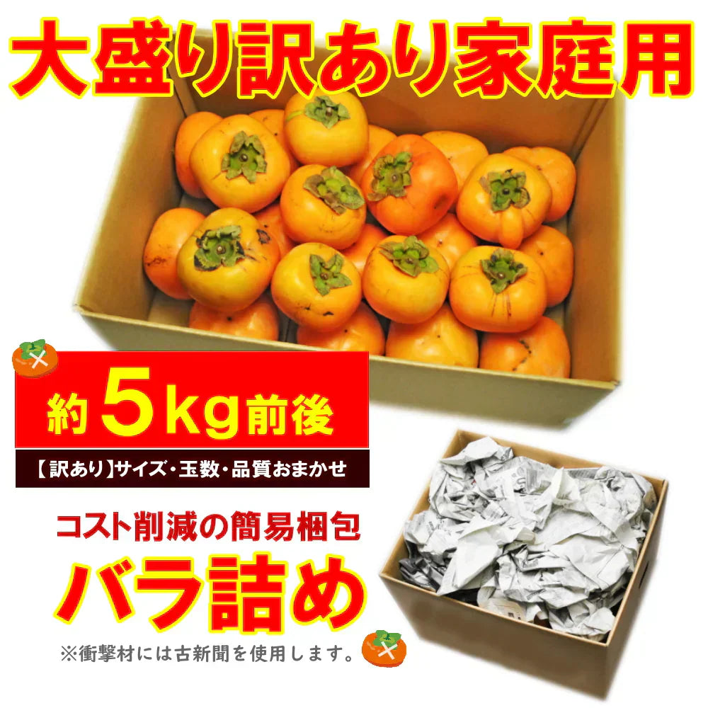 【11月上旬-下旬頃ご注文受付順次】訳あり庄内柿バラ詰め5kg前後　種なし柿を産地直送でお届け！ご家庭用にちょっと訳あり柿