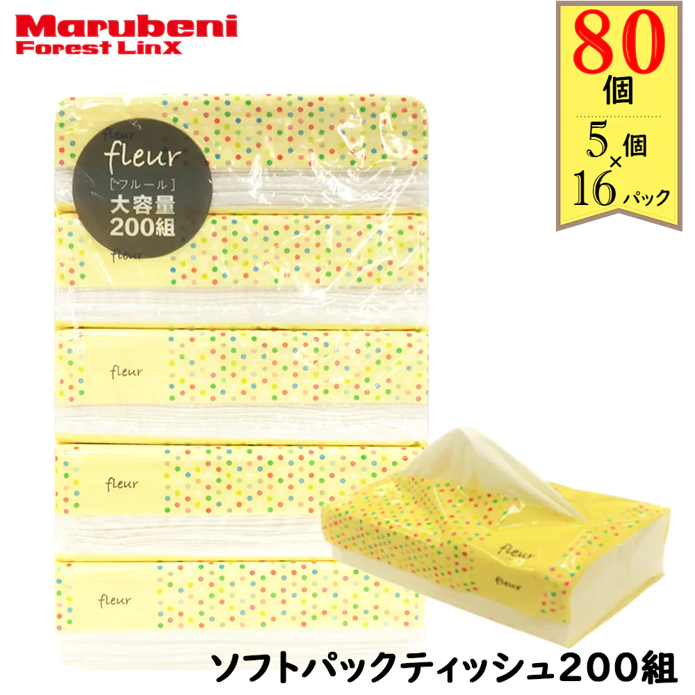 【100人シェア買いでお得】【57.3円/パック】＼大容量ティッシュ／［400枚（200組）5個×16パック(80個)入り ］ティッシュペーパー ソフトパックティッシュ200W 黄色パッケージ フルールドゥ 送料無料【超シェア買い祭】