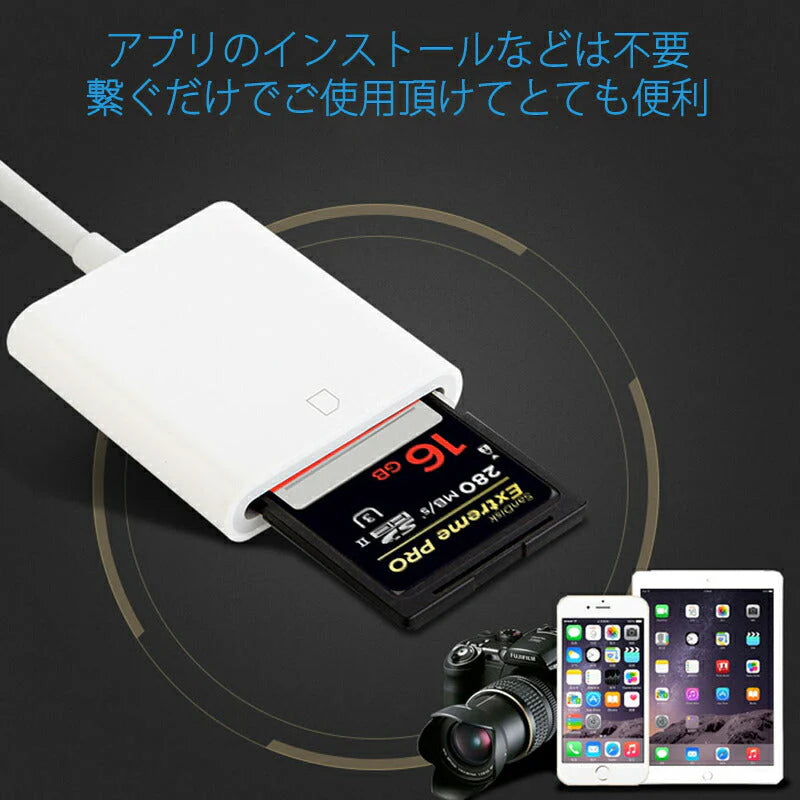 iPhone用SDカードリーダー lightning⇔SDアダプタ ケーブル iPad Lightningライトニング専用 アイパッド データ転送 バックアップ 写真 映像 ファイル 保存移動