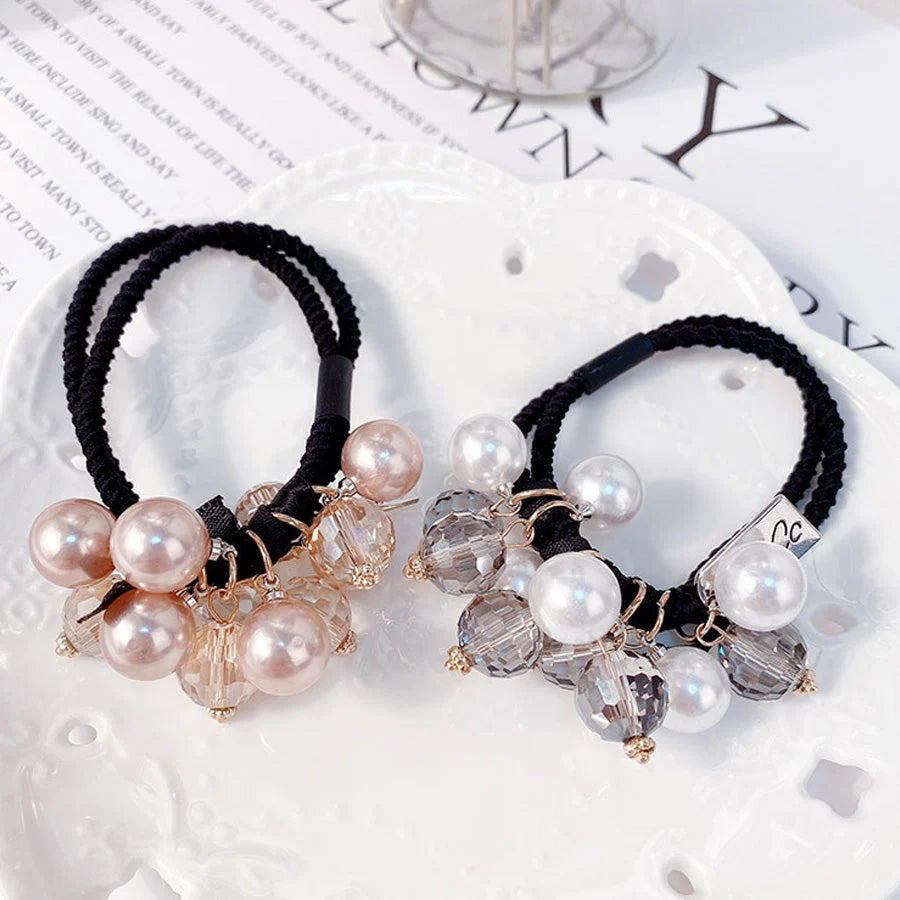 (ベージュ)ヘアゴム キラキラ パール おしゃれ ヘアアクセサリー リボン結び シンプル 髪留め