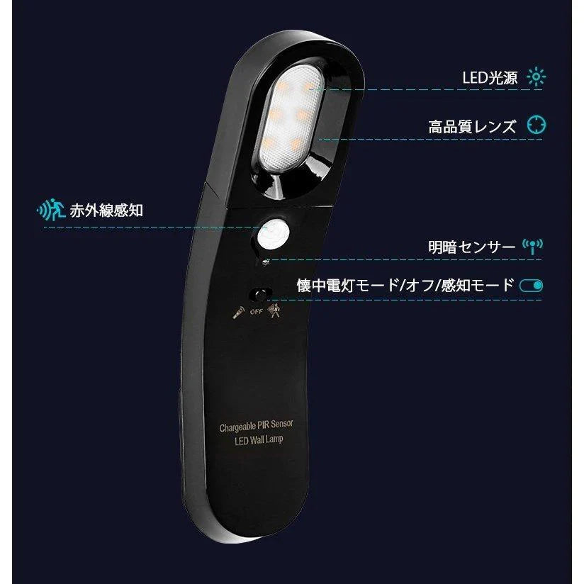 当日発送 LED人感センサーライト USB充電式 調整可能 明暗センサー 省エネ 両面テープ 階段 台所の手元灯クロゼット 寝室 玄関 洗面所 車庫 物置 廊下 w008C(本体:白,ライト:電球色)